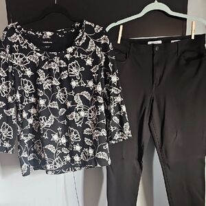 Black and white printed top in an XL with fits like a large.  Black pants 12
